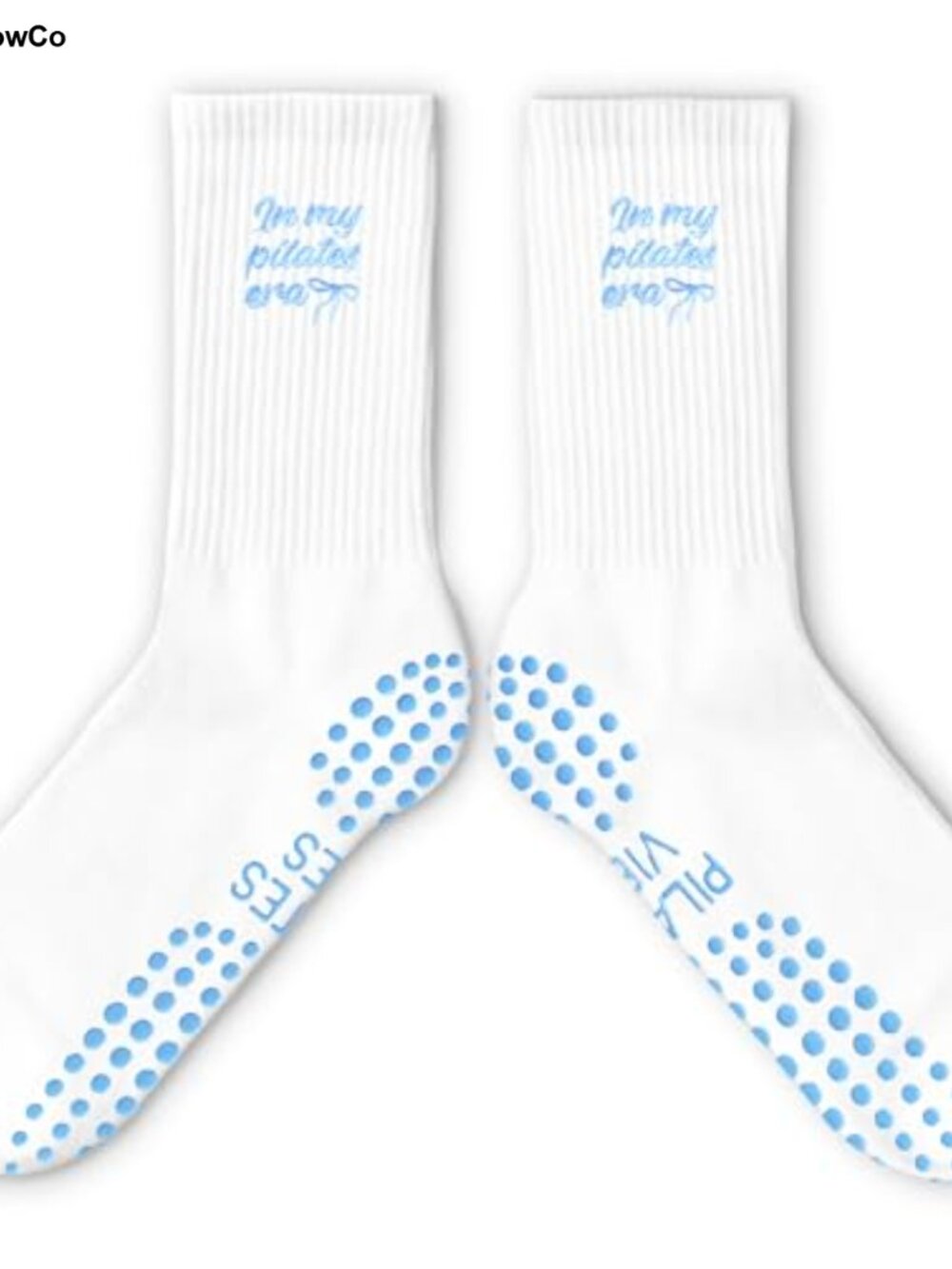 Cute Pilates Socks with Grip, White Crew Bow Design, Cotton Blend, Studio Gift